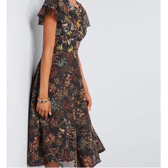 Modcloth Beaded Embellished Sequin Black Floral Midi Dress Size Medium A Line - Picture 2 of 10